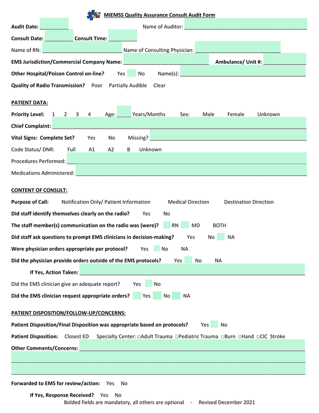 MIEMSS Quality Assurance Consult Audit Form screenshot