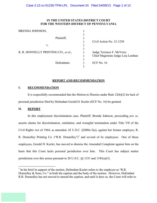 Report And Recommendation   Johnson V. R.R. Donnelly Printing Co. screenshot