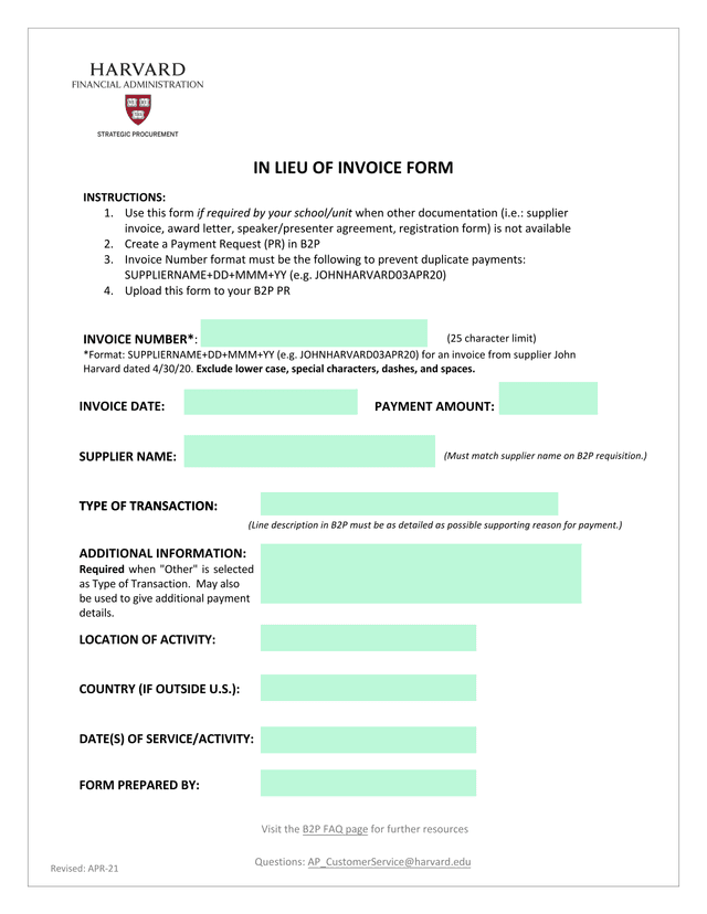 IN LIEU OF INVOICE FORM screenshot