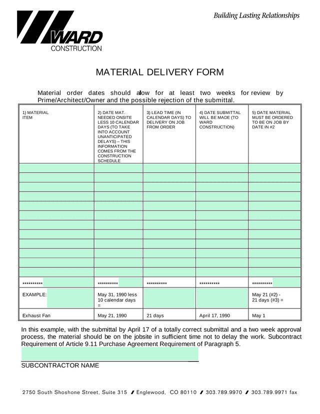MATERIAL DELIVERY FORM screenshot