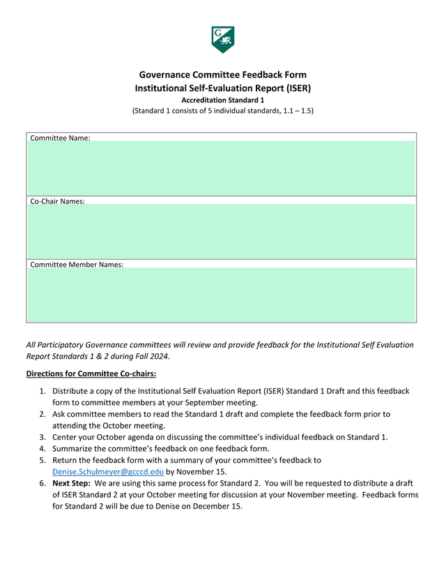 Governance Committee Feedback Form   Institutional Self Evaluation Report (ISER) Accreditation Stand screenshot
