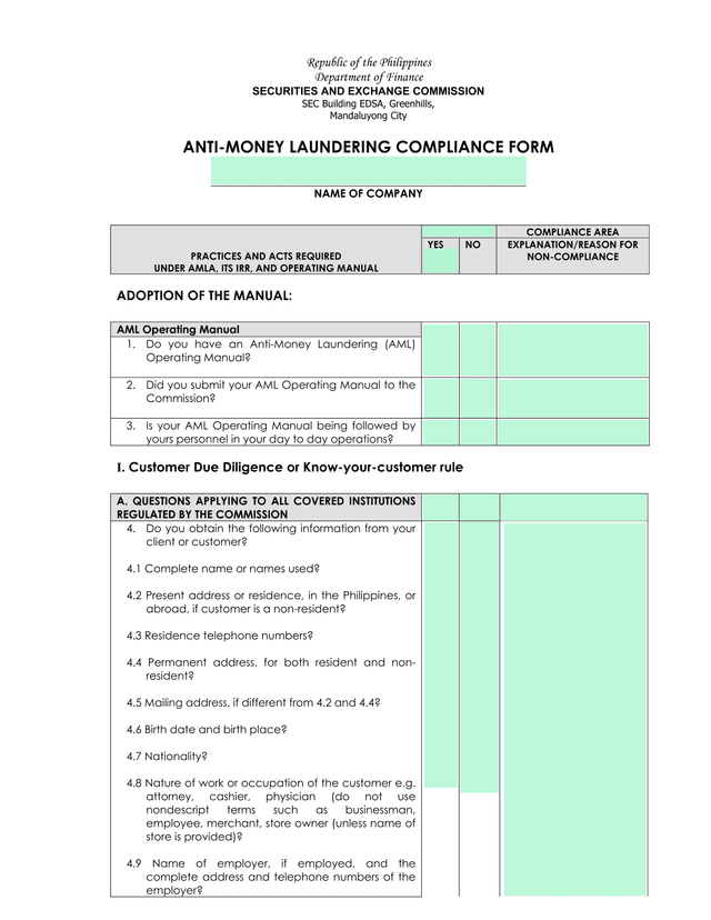 Anti Money Laundering Compliance Form screenshot