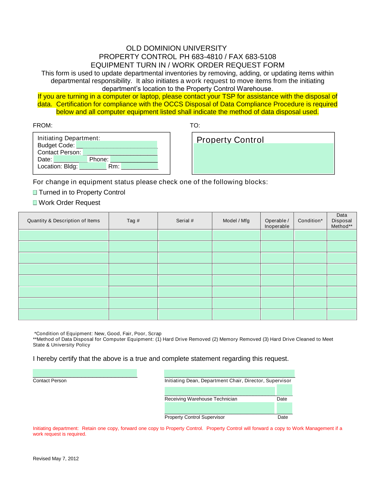 EQUIPMENT TURN IN  WORK ORDER REQUEST FORM screenshot