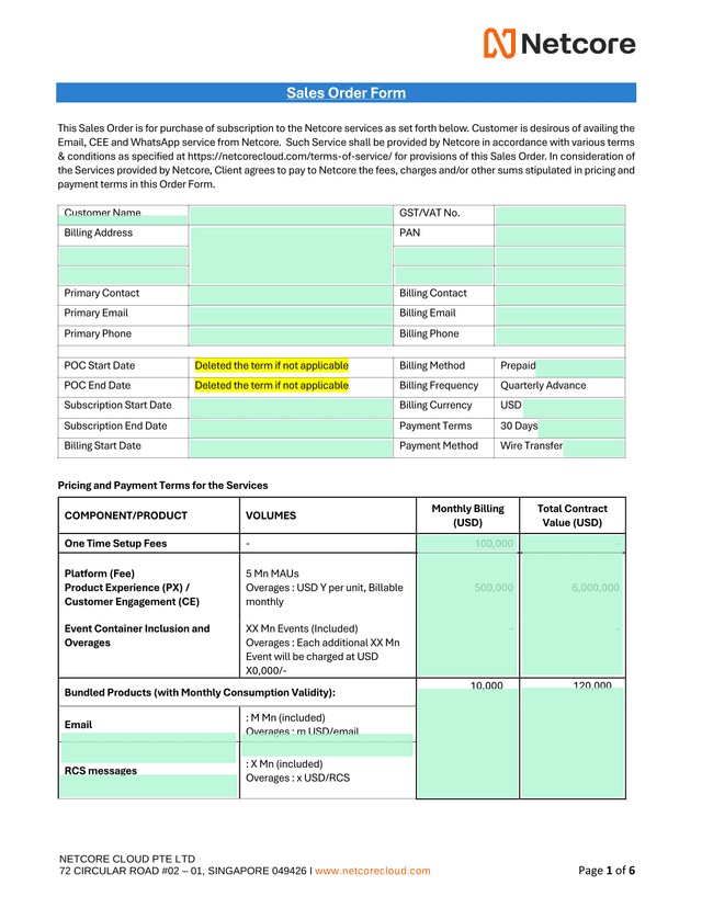 Sales Order Form screenshot