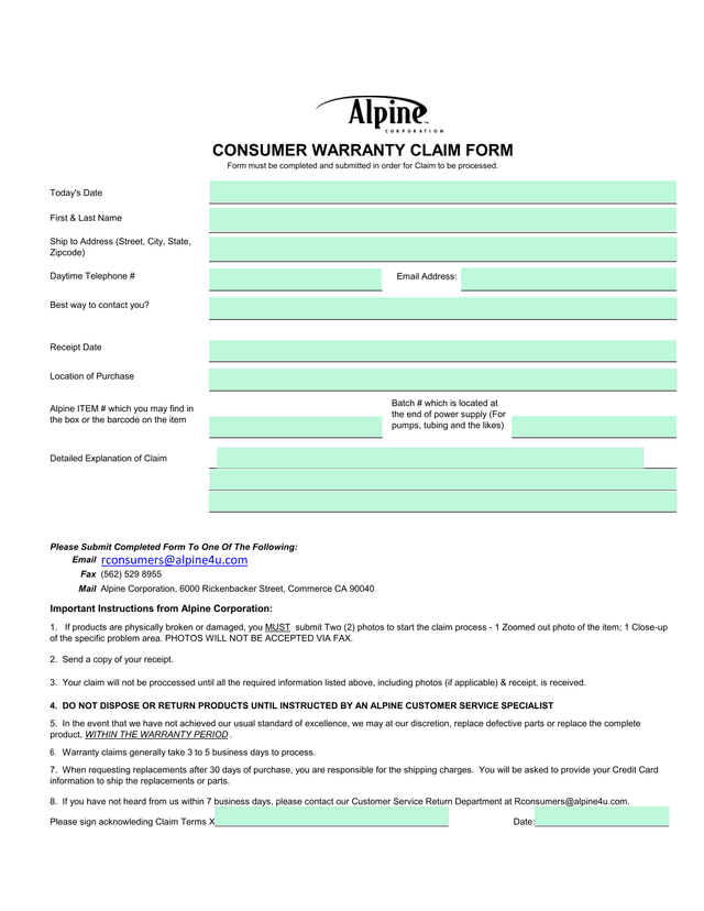 CONSUMER WARRANTY CLAIM FORM screenshot