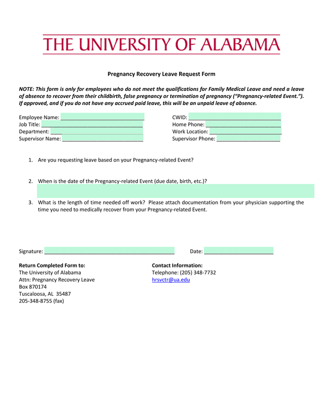 Pregnancy Recovery Leave Request Form screenshot