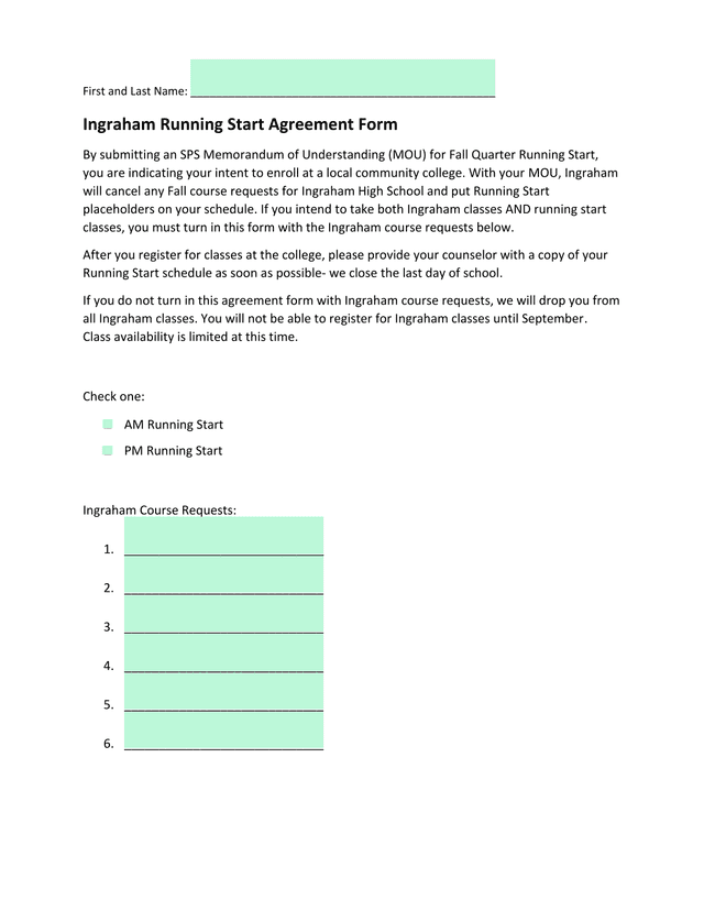 Ingraham Running Start Agreement Form screenshot