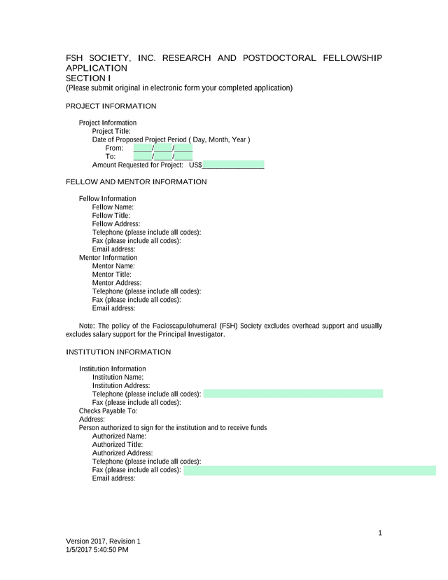 FSH SOCIETY, INC. RESEARCH AND POSTDOCTORAL FELLOWSHIP APPLICATION screenshot