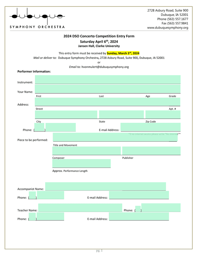 2024 DSO Concerto Competition Entry Form screenshot