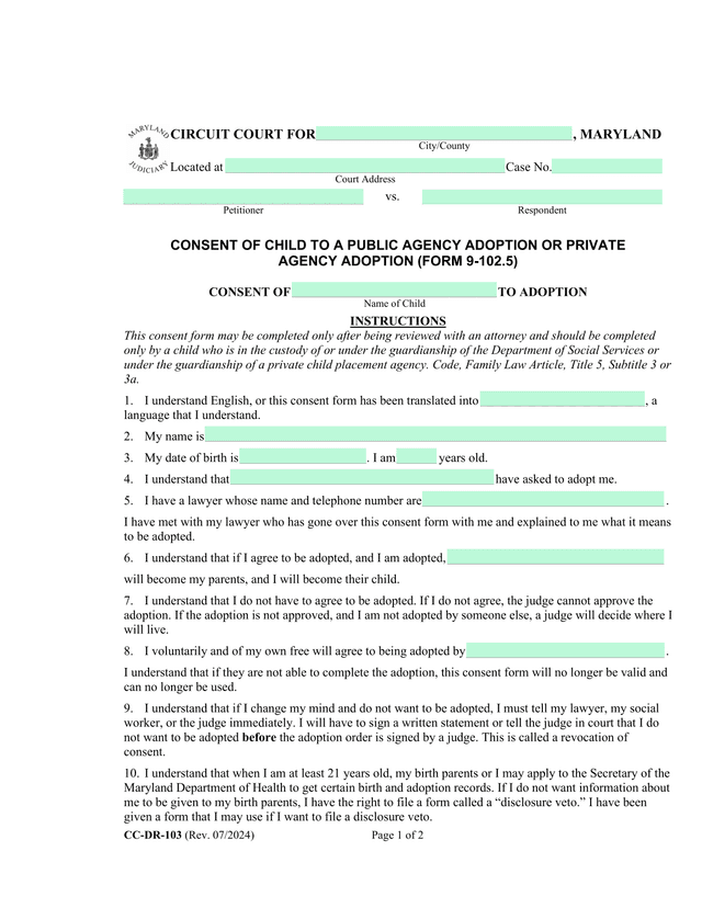 CONSENT OF CHILD TO A PUBLIC AGENCY ADOPTION OR PRIVATE AGENCY ADOPTION (FORM 9 102.5) screenshot