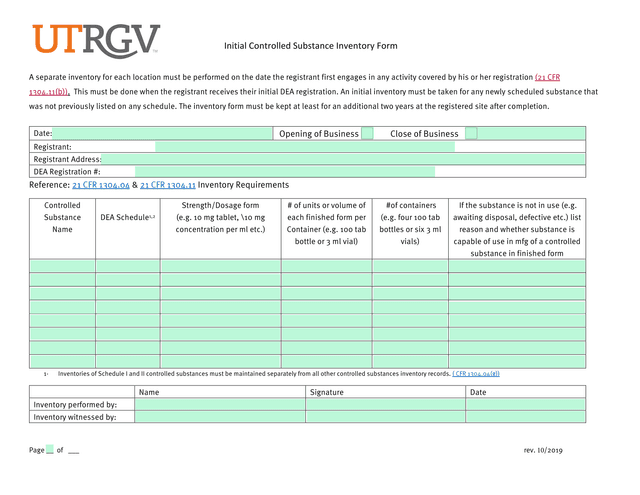 Initial Controlled Substance Inventory Form screenshot
