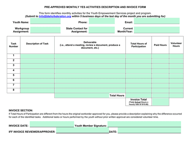 PRE APPROVED MONTHLY YES ACTIVITIES DESCRIPTION AND INVOICE FORM screenshot