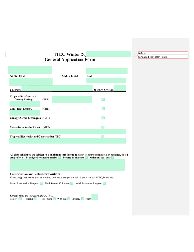 ITEC Winter 20 General Application Form screenshot