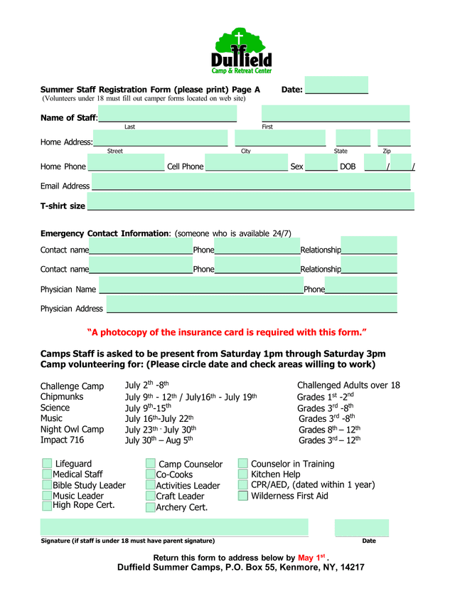 Summer Staff Registration Form screenshot