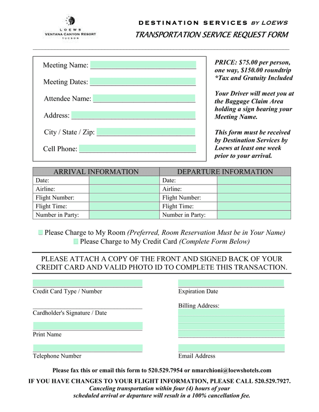 Destinations Services Transportation Service Request Form screenshot
