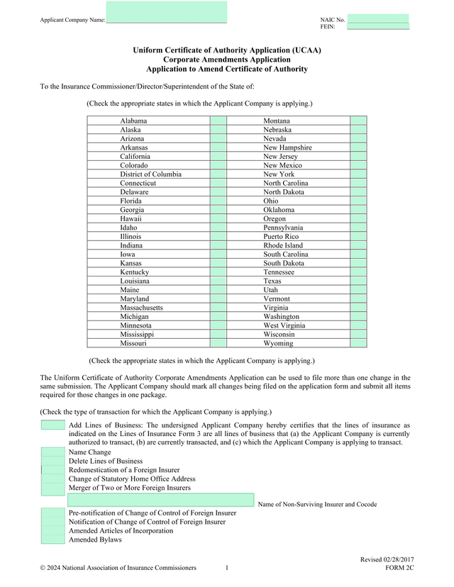 Form 2C   Uniform Certificate Of Authority Application (UCAA) Corporate Amendments Application screenshot