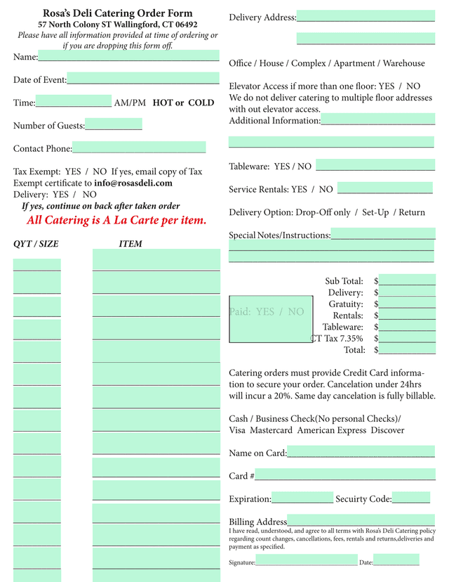 RosaS Deli Catering Order Form screenshot