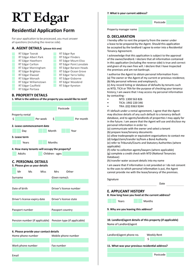 Residential Application Form screenshot