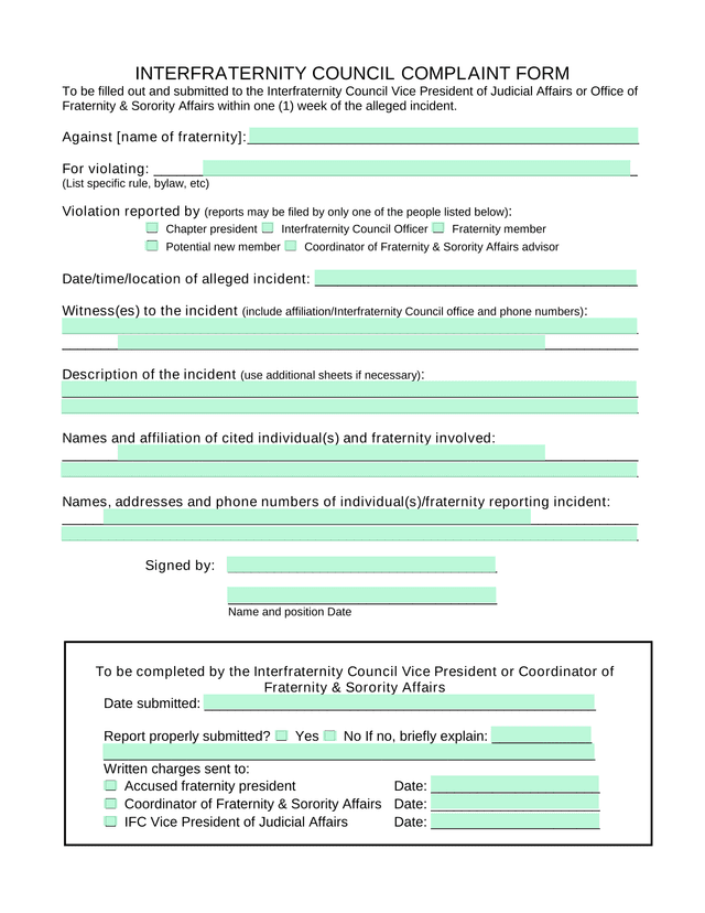 Interfraternity Council Complaint Form screenshot