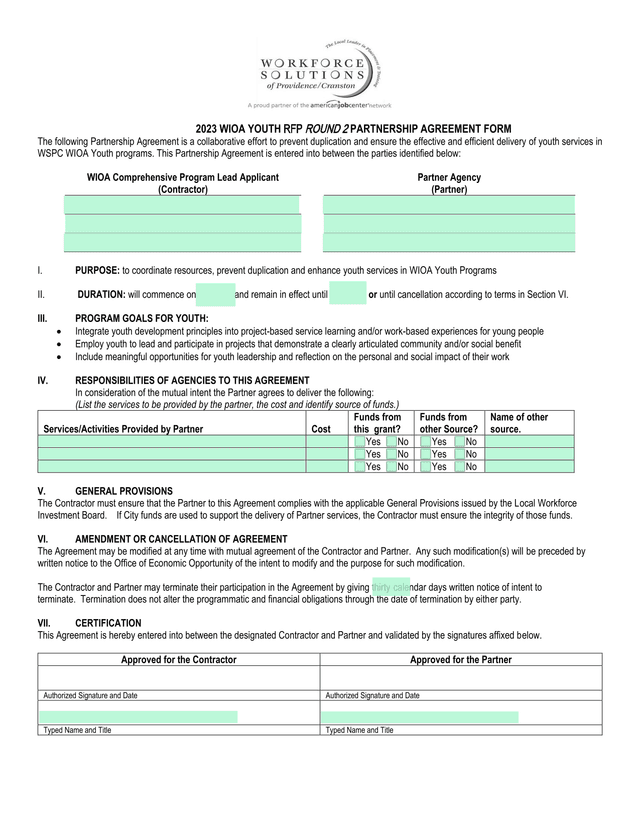 2023 WIOA YOUTH RFP ROUND 2 PARTNERSHIP AGREEMENT FORM screenshot