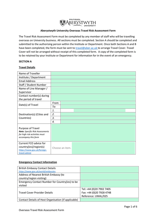 Overseas Travel Risk Assessment Form screenshot