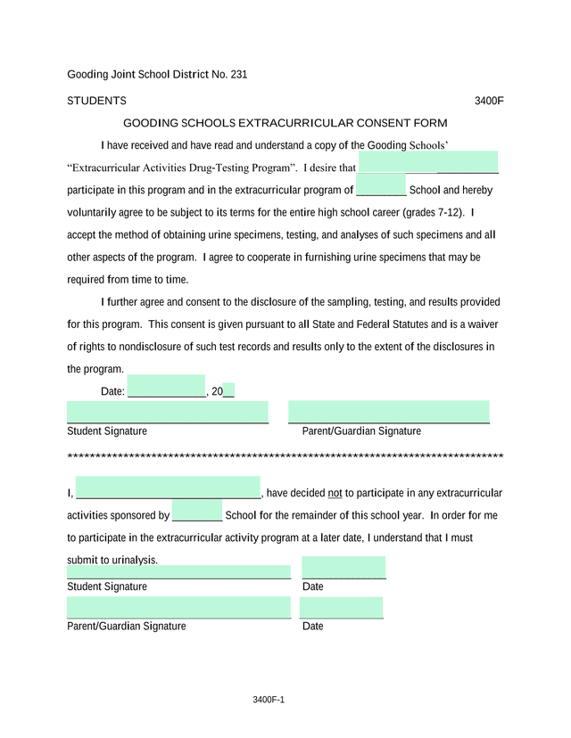 Gooding Schools Extracurricular Consent Form screenshot