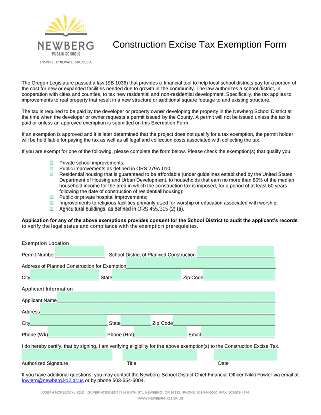 Construction Excise Tax Exemption Form screenshot