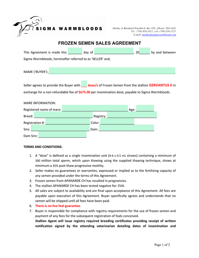 Frozen Semen Sales Agreement screenshot