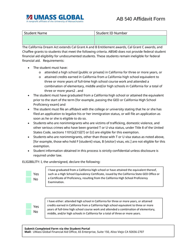 AB 540 Affidavit Form screenshot