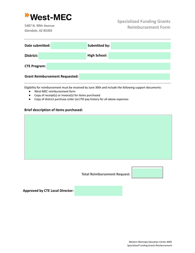 Specialized Funding Grants Reimbursement Form screenshot