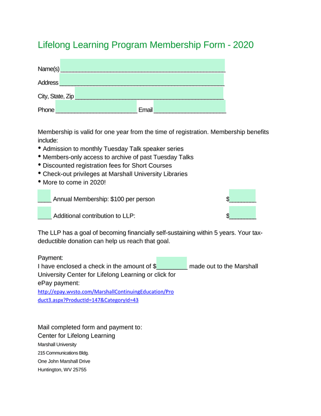 Lifelong Learning Program Membership Form   2020 screenshot