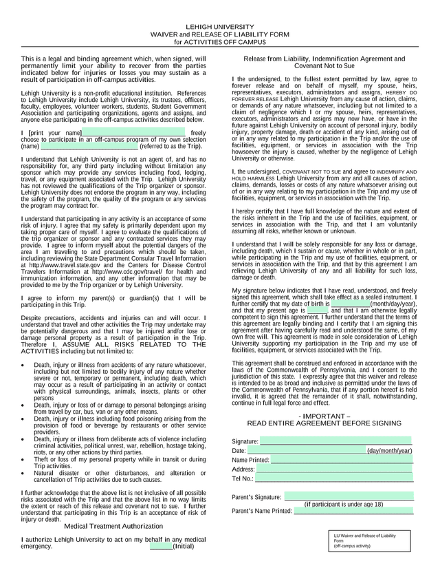 LEHIGH UNIVERSITY WAIVER And RELEASE OF LIABILITY FORM For ACTIVITIES OFF CAMPUS screenshot