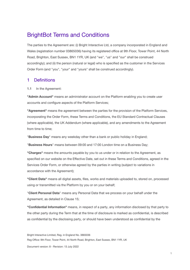 BrightBot Terms And Conditions screenshot