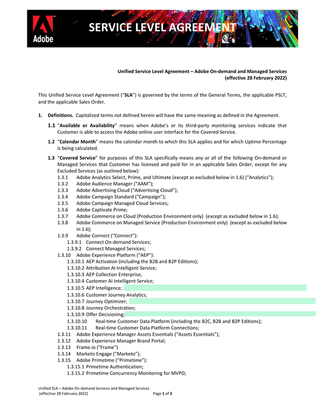 Unified Service Level Agreement  Adobe On Demand And Managed Services screenshot