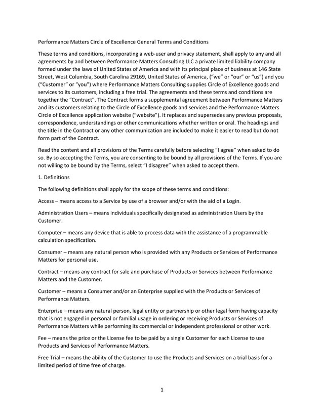 Performance Matters Circle Of Excellence General Terms And Conditions screenshot