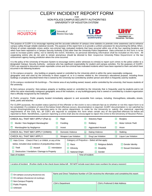 Clery Incident Report Form For Non Police Campus Security Authorities screenshot