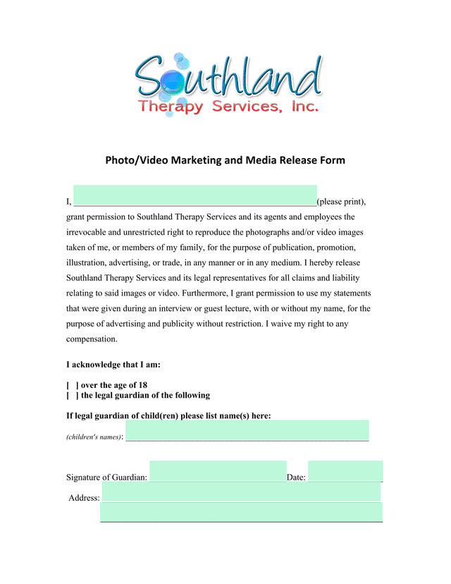 PhotoVideo Marketing And Media Release Form screenshot