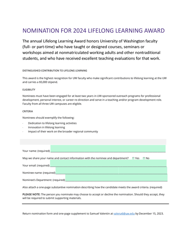 Nomination For 2024 Lifelong Learning Award screenshot