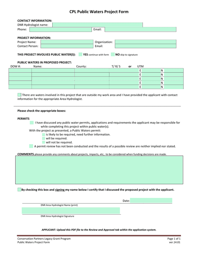 CPL Public Waters Project Form screenshot