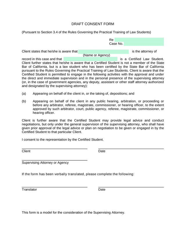 Draft Consent Form For Certified Law Student Representation screenshot