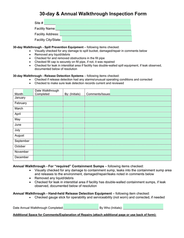 30 Day  Annual Walkthrough Inspection Form screenshot