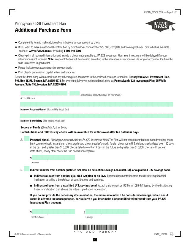 PA 529 Investment Plan Contribution Form screenshot
