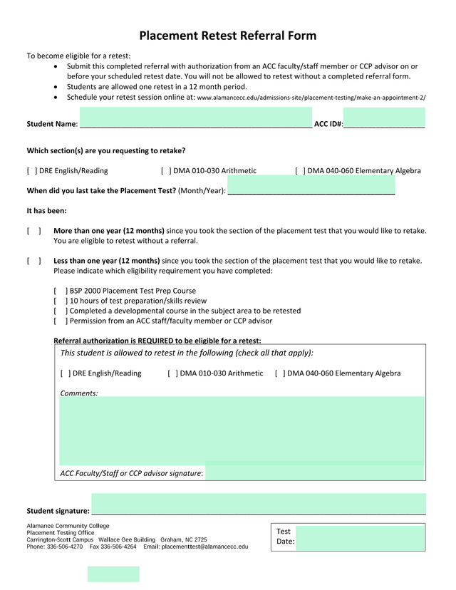 Placement Retest Referral Form screenshot