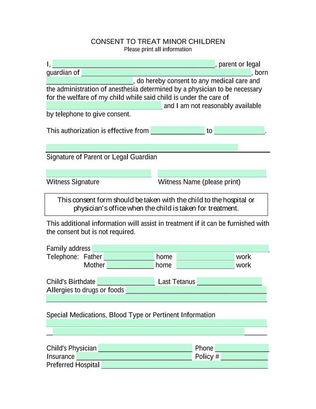 CONSENT TO TREAT MINOR CHILDREN screenshot
