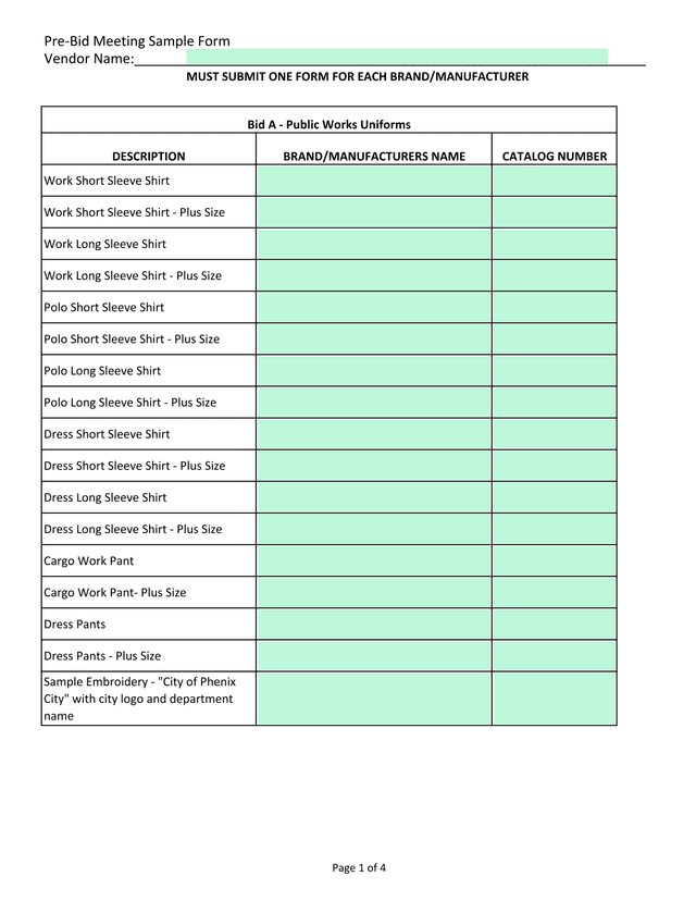 Pre Bid Meeting Sample Form screenshot