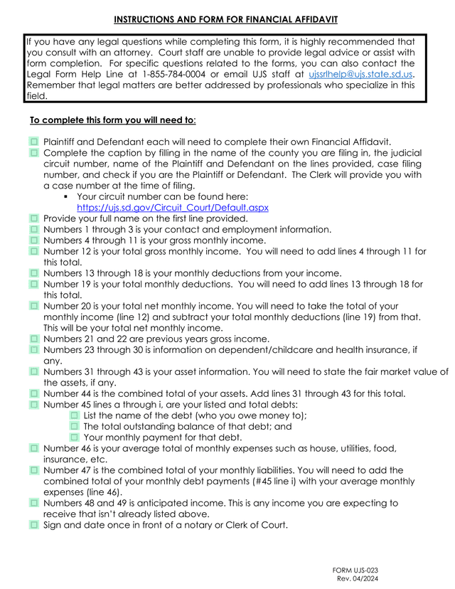 INSTRUCTIONS AND FORM FOR FINANCIAL AFFIDAVIT screenshot