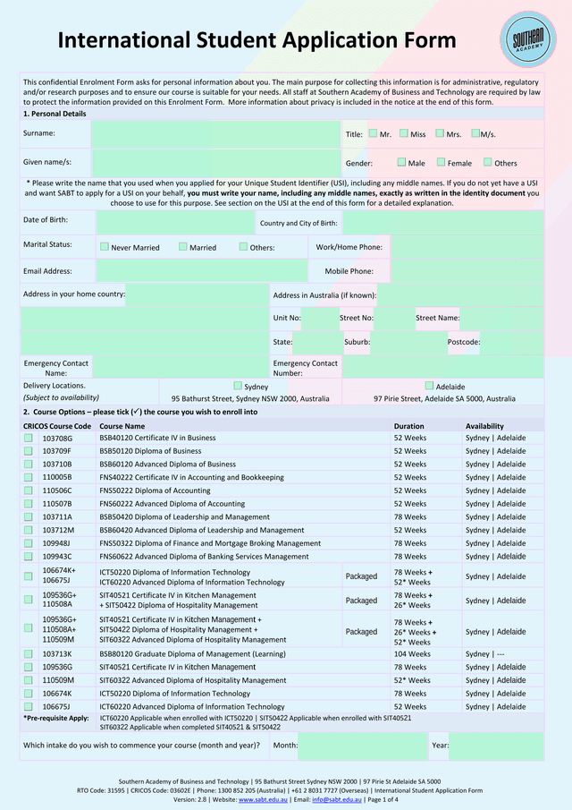 International Student Application Form screenshot