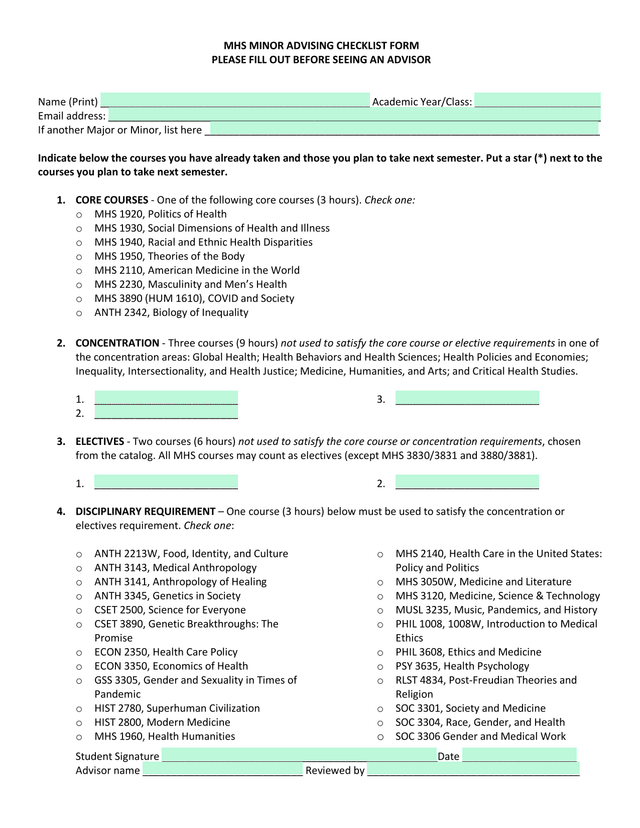 MHS Minor Advising Checklist Form screenshot