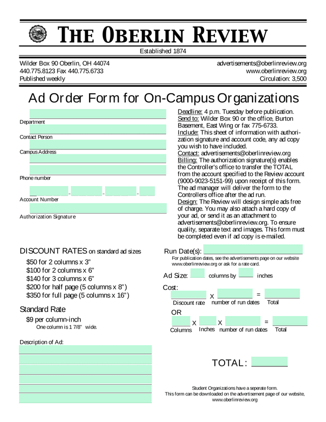Ad Order Form For On Campus Organizations screenshot