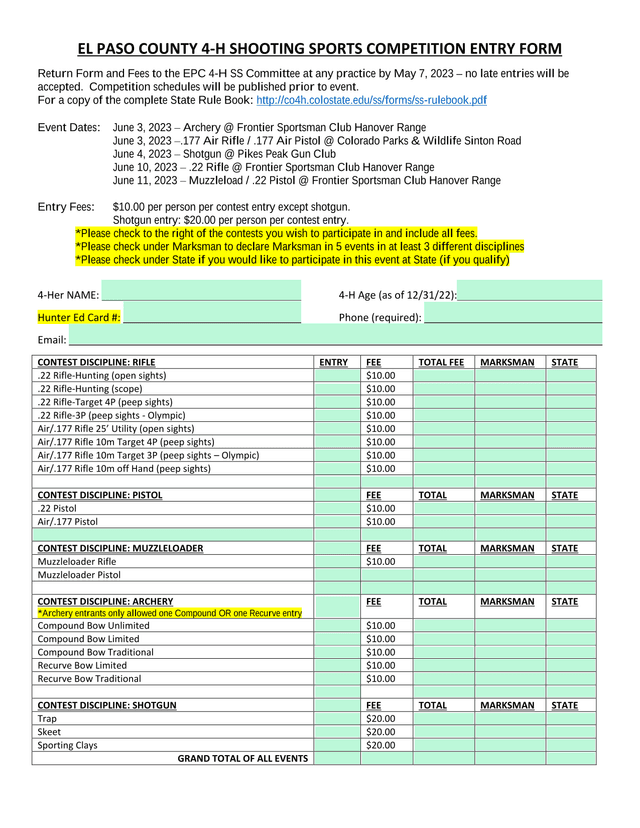 EL PASO COUNTY 4 H SHOOTING SPORTS COMPETITION ENTRY FORM screenshot